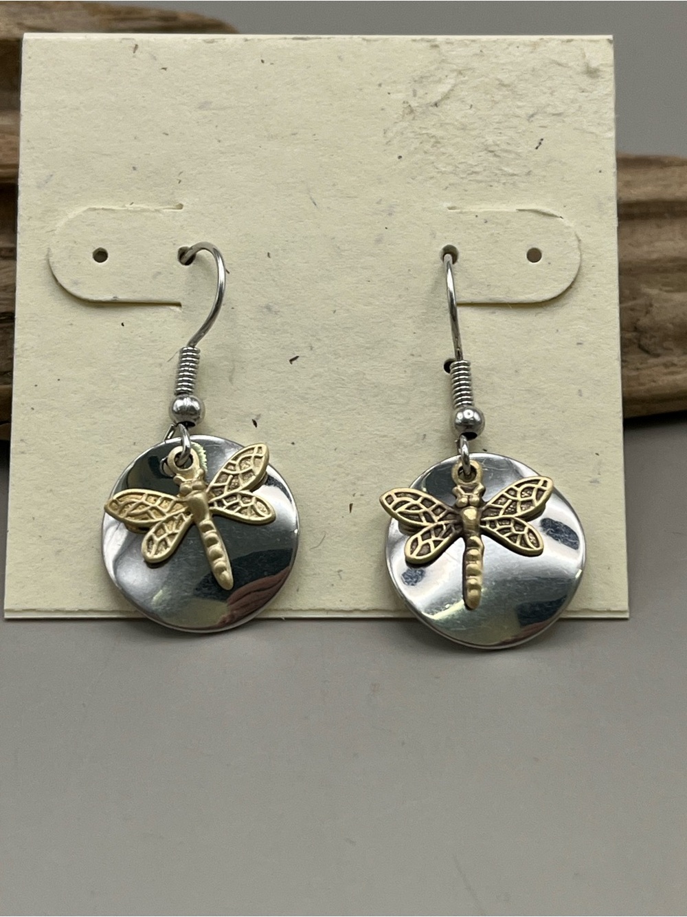 Boho Dragonfly Earrings Silver Tone Disc Brass Gold Charm Dangle Mixed Metal